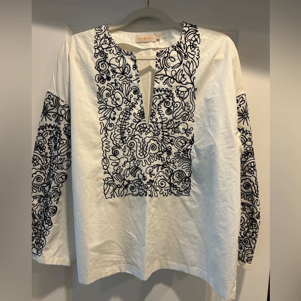 TORY BURCH Embroidered Black + White Oversized Top